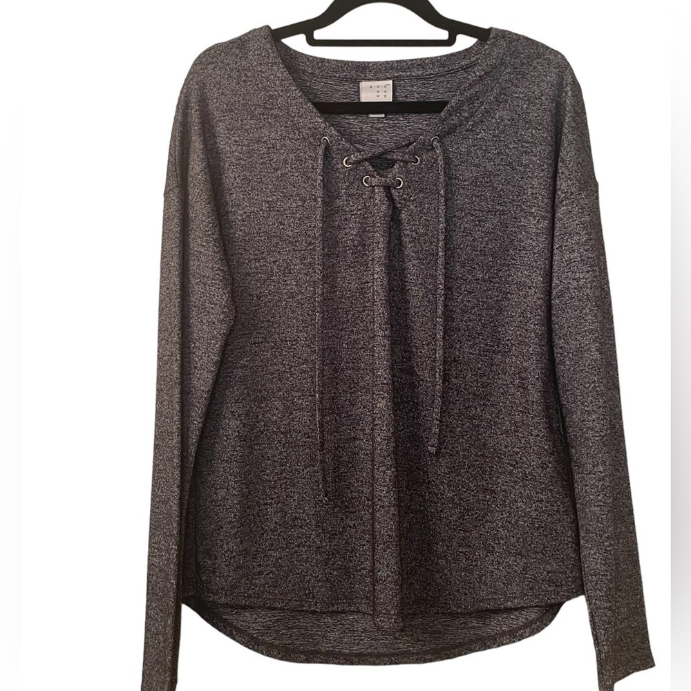 A new day black and gray‎ knit top with lace tie at neck, size XS​